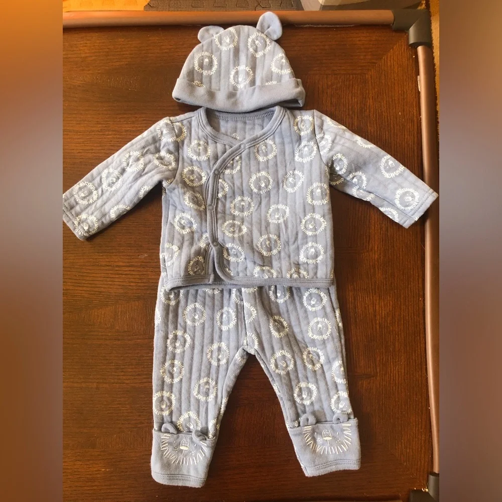 Duck Duck Goose 3 pc Blue Quilted Set Top Bottoms Hat Sz 3-6 Mo Lion Print
